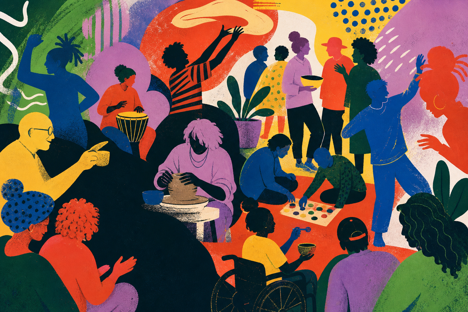 A colourful crowd trying food, craft, music and games together